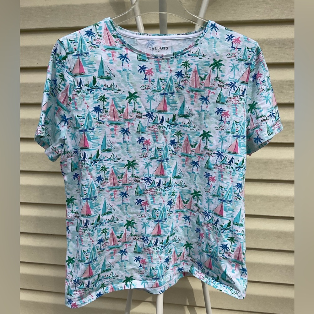 Talbots cotton Short Sleeve Tee Sailboat tropical Palm beach Tree 23” by 25” xl